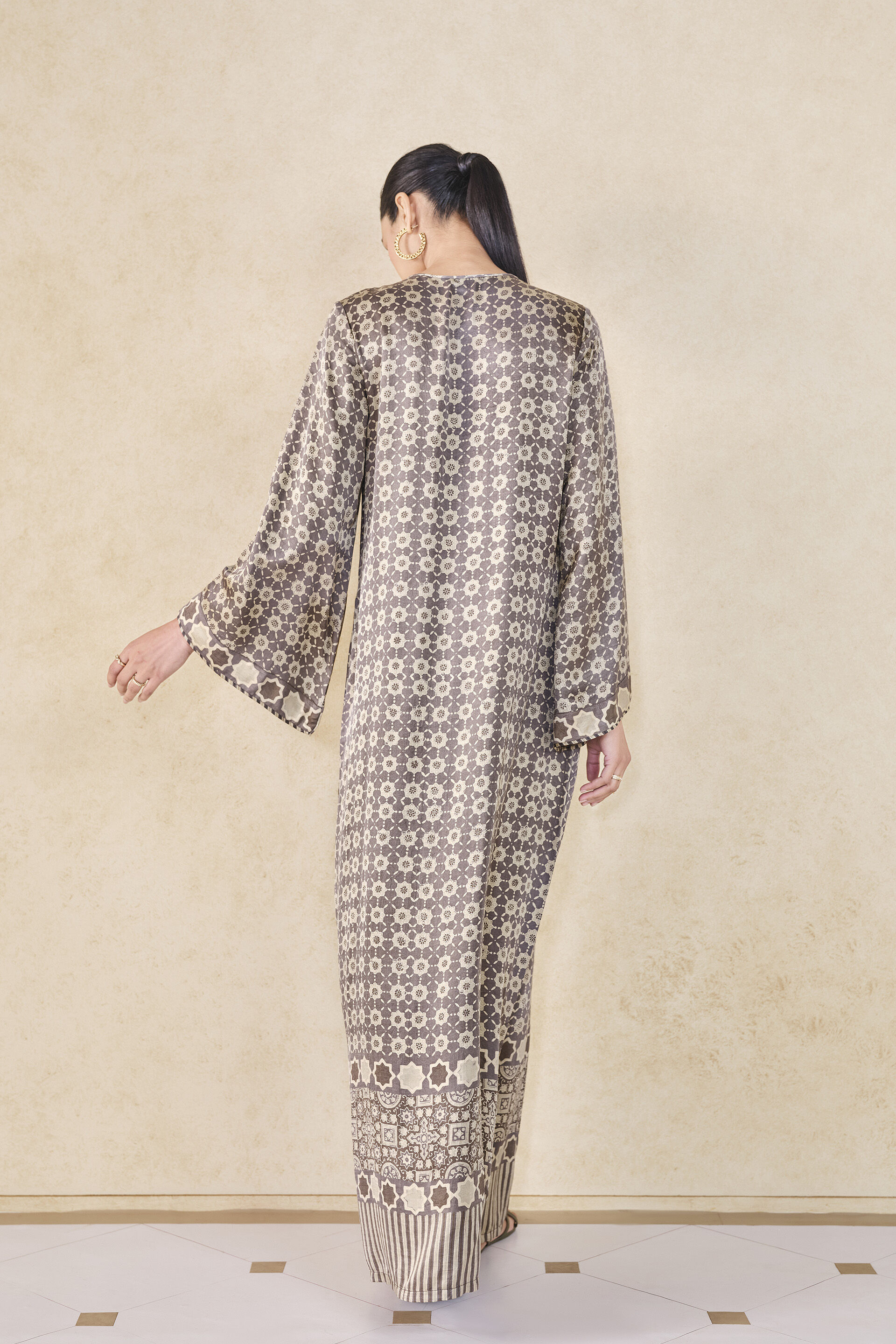 Sargassum Handcrafted Ajrakh Silk Kaftan - Grey, Grey, image 3